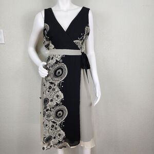 Jonathan Martin Black and Cream Dress Floral Wrap Around Long Comfortable